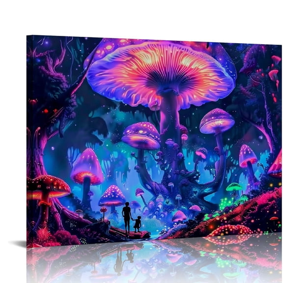 Pratyus Mushroom Forest Psychedelic Art Canvas Wall Decor for Bedroom Kitchen Bathroom - Ready to Hang Room Home Art Decor 16x12in