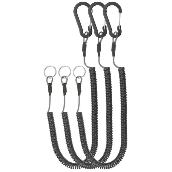 3pcs Retractable Spring Coil Straps, 6" Spiral Lanyard Cord with Aluminium Clip and Key Ring, Black