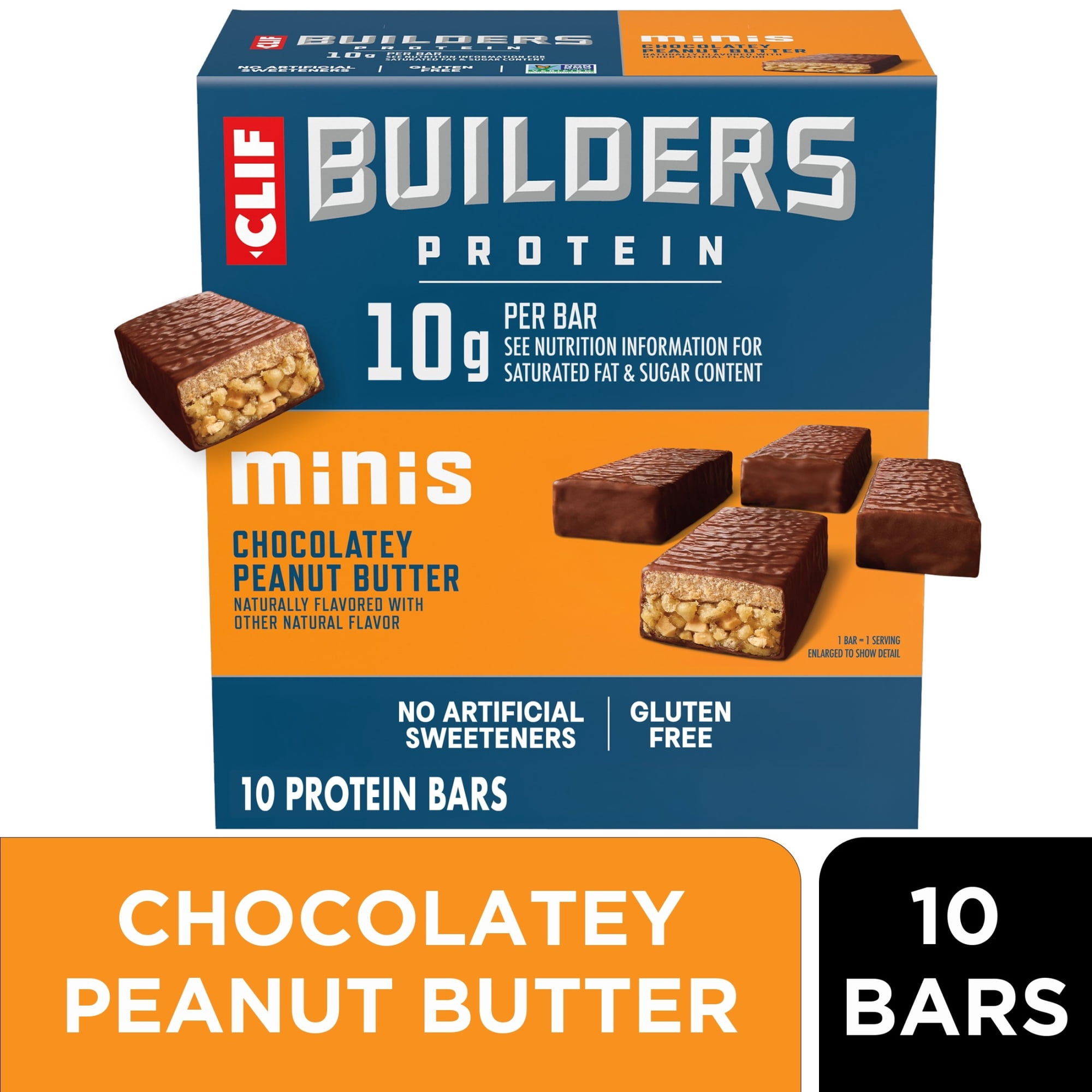 CLIF BUILDERS Minis Protein Bars Chocolatey Peanut Butter Flavor, Plant Protein, Gluten Free, 10ct