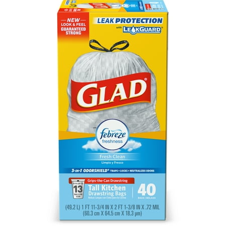 - Glad Tall Kitchen Drawstring Trash Bags - OdorShield 13 gal Grey Trash Bag, Febreze Fresh Clean - 40 ct