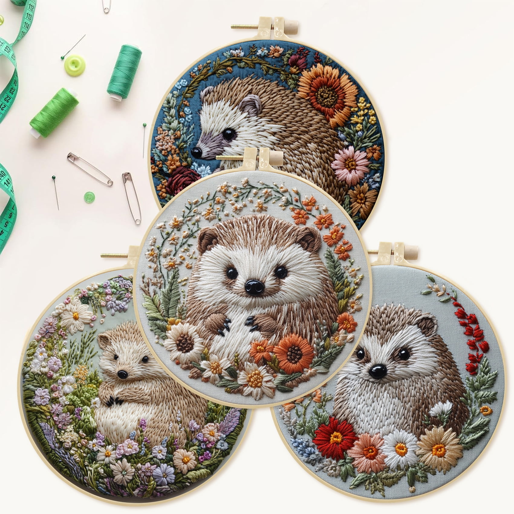 HVEST 4 Pack Hedgehog and Flower Embroidery Kit for Beginners -  Cute Animal with Embroidery Pattern, Hoop, Complete Cross Stitch Supplies (Needle/Threads/Scissors) DIY Craft for Adults Sewing Hobby