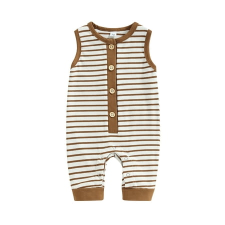 

Newborn Baby Girls Boys Romper Stripe Sleeveless Crew Neck Buttons Snap Closure Jumpsuits Summer Bodysuits