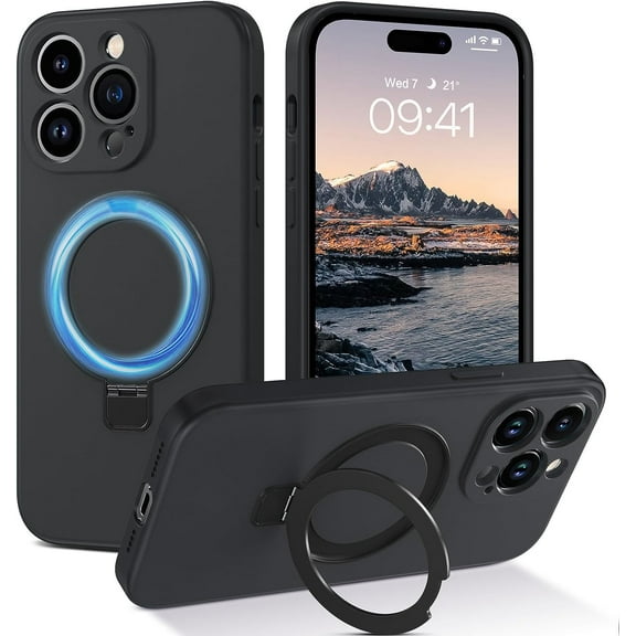 iPhone 14 Pro Max Case, iPhone 14 Pro Max Liquid Silicone Case with Invisible Magnetic Kickstand Compatible with MagSafe, with Microfiber Lining Silicone Case for iPhone 14 Pro Max, Black