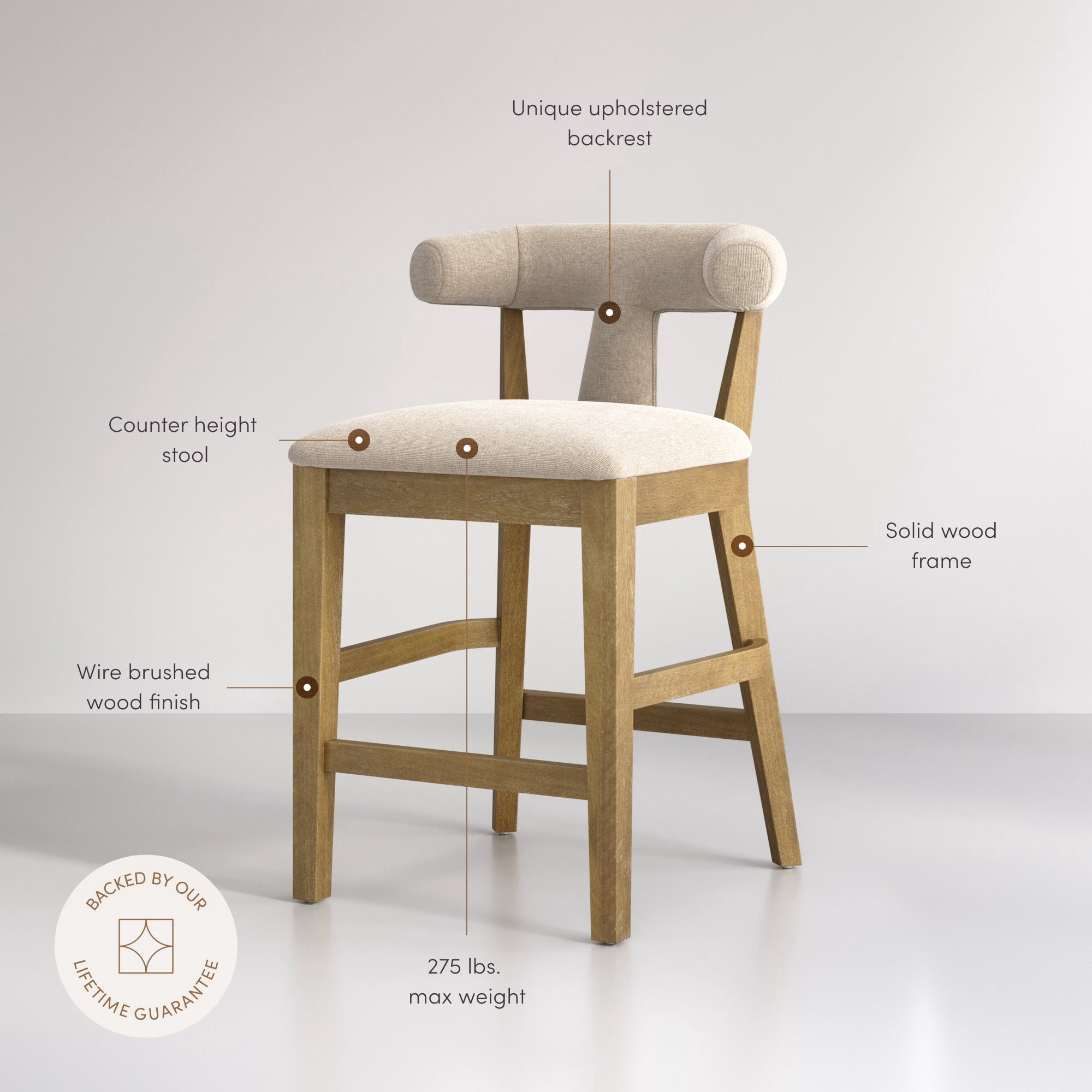 Nathan James Sofia Modern Coastal Bar Stool with Backrest, Counter Height Bar Stool with Flax Upholstery and Solid Wood Legs, Light Brown