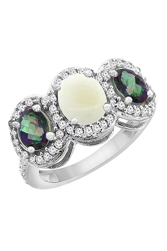 14K White Gold Natural Opal & Mystic Topaz 3-Stone Ring Oval Diamond Accent, size 5