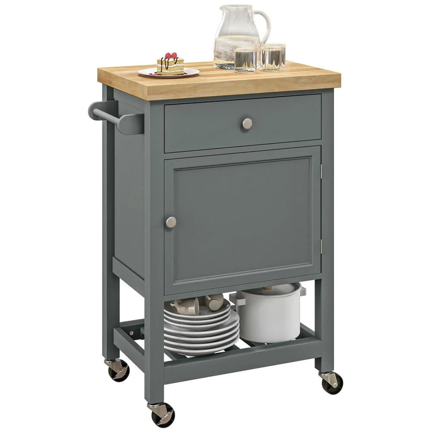 Demi Bonn Kitchen Island Cart on Wheels with Storage, Rolling Dining Room Serving Utility Carts Mobile Movable with Rubberwood Top and Drawer, Gray