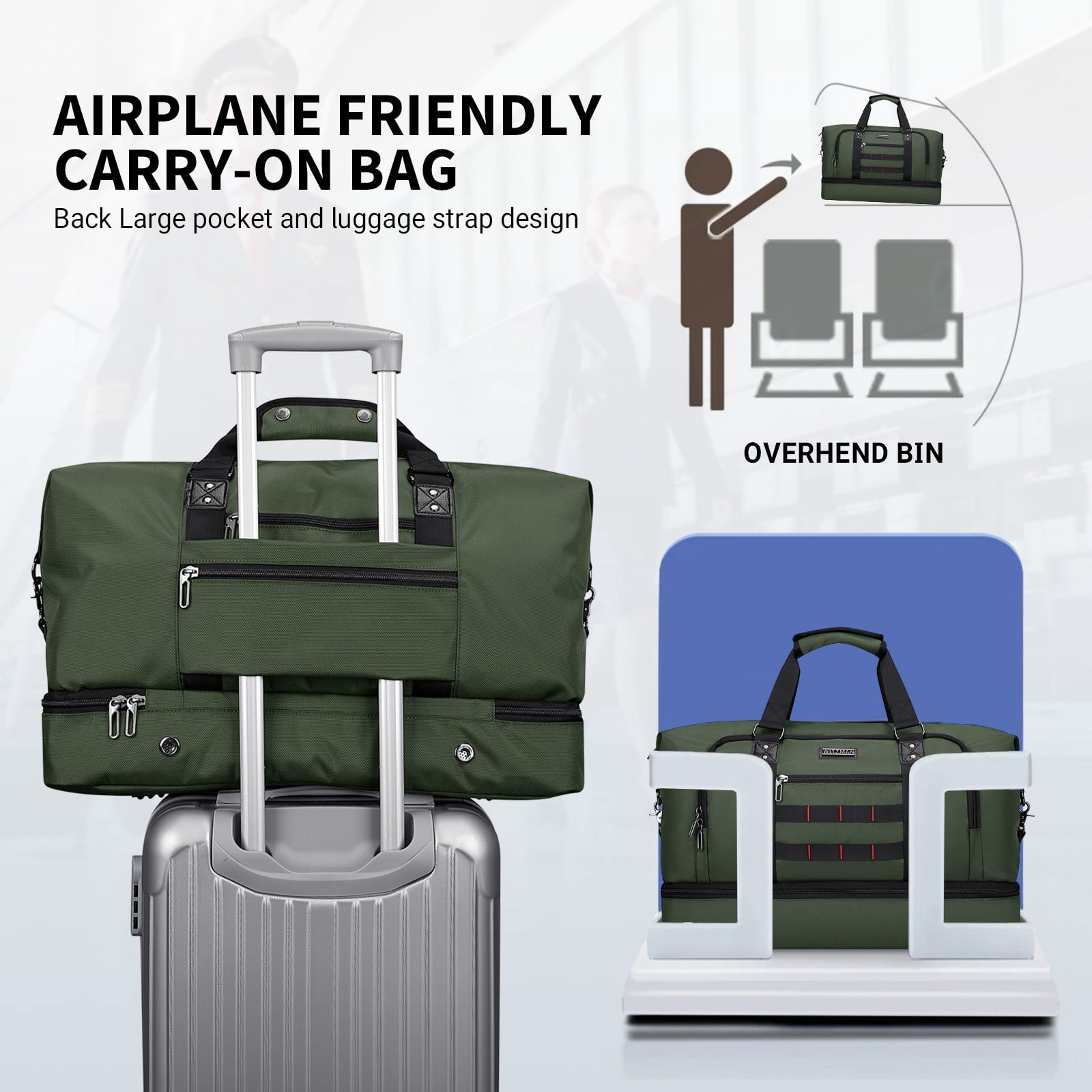 WITZMAN Travel Duffle Bags for Men Weekender Bags with Toiletry Bag Sets Carry on Overnight Bag 55L（B696 Army Green）