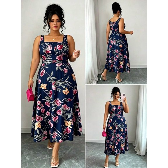 Women Blue Floral Print Square Neck Sleeveless Elegant Midi Dress