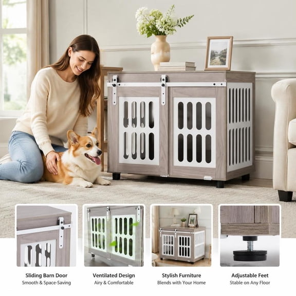 Dog Crate Furniture, gray wooden indoor pet kennel table with sliding barn door