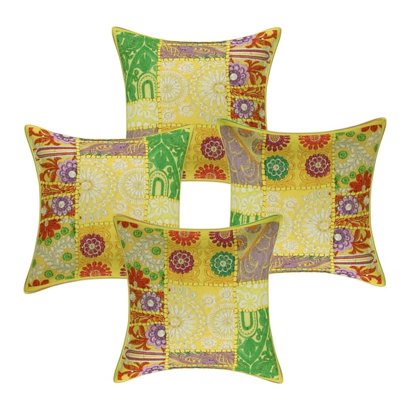 Stylo Culture Indian Cotton Decorative Throw Pillow Sham Covers Lemon Yellow 12x12 Bohemian Vintage Patchwork Indian Couch Cushion Covers 30 x 30 cm Home Decor Abstract Square Pillowcases | Set Of 4