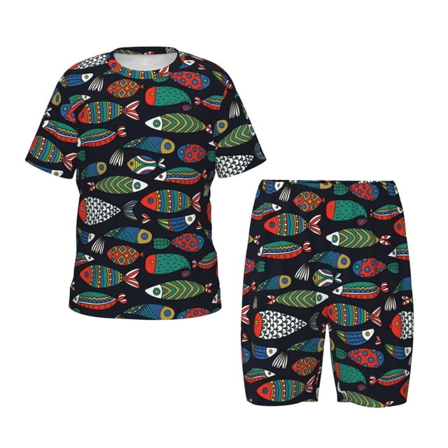 Balery Hand Drawn Colorful Fishes Conjunto de Pijama Infantil de Manga Corta con Estampado – Ropa de Dormir de Algodón Suave-XX-Large