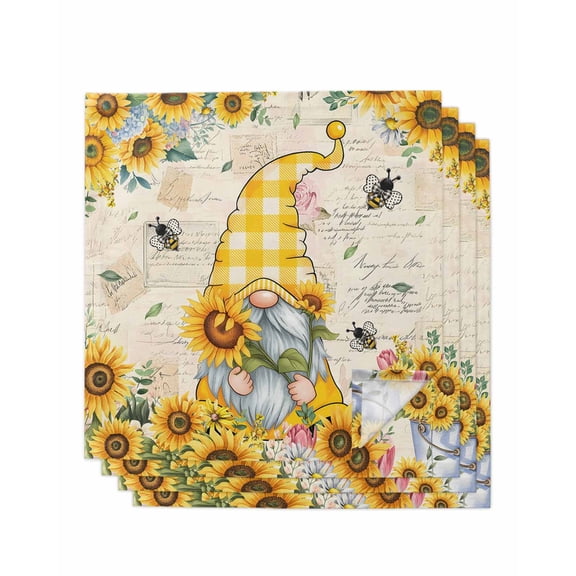 Sunflower Bee Cloth Napkins Set of 4 Reusable Dinner Napkins, Summer Gnomes Hydrangea Floral Cocktail Napkin Washable Table Napkins for Wedding/Holiday Party/Baby Shower 20"x20"