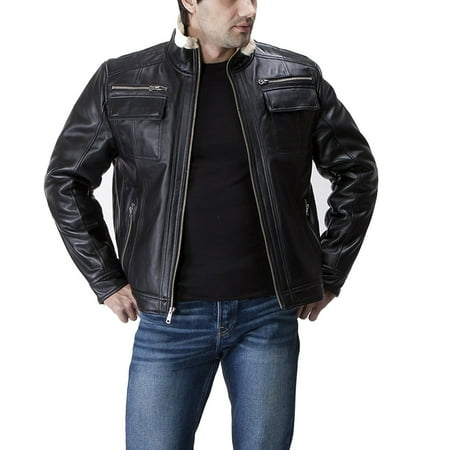 Shearling Leather Coat - United Face Leather Jacket with Faux Shearling