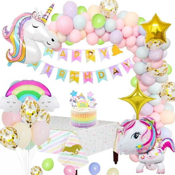 Suministros de decoración para fiestas de unicornio, enormes globos de unicornio 3D, pancarta de feliz cumpleaños, globo de estrella arcoíris, mantel, adorno para tarta para cumpleaños
