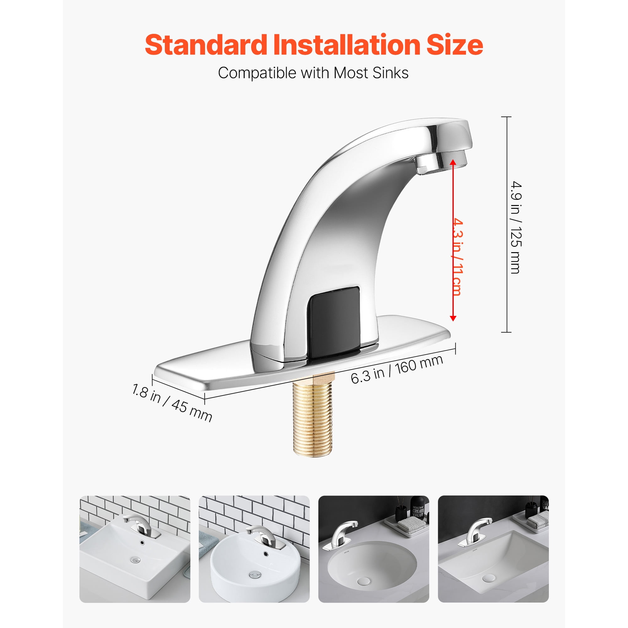 KFFKFF Touchless Bathroom Sink Faucet, Automatic Motion Sensor Restroom Faucet for Cold Water with Hole Cover Plate, Battery Powered for 9/16 in Pipe in Commercial Lavatories, Chrome-Plated Silver