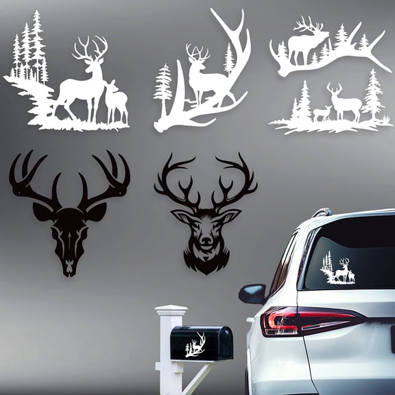 5Pcs Deer Car Stickers Antler Vinyl Car Decals Christmas Elk Head Plastic Vehicle Decoration Decal for Auto Window and Body Cling 6.10"x 5.83"
