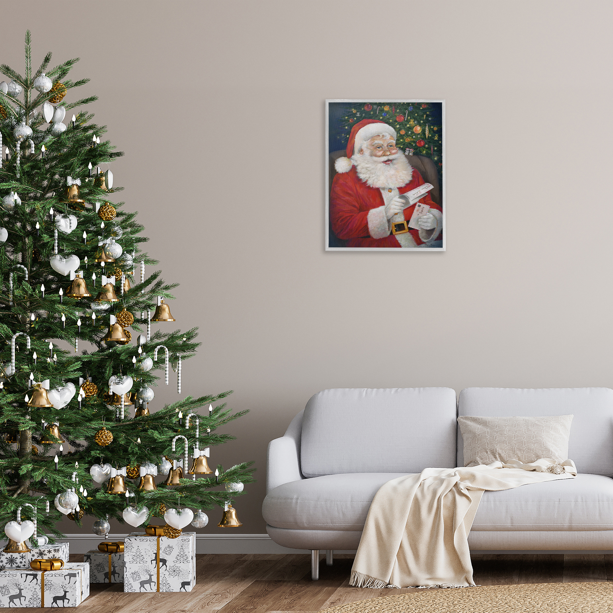 Stupell Industries Merry Santa Claus Holiday Painting Gray Framed Art Prints Wall Art, 24 x 30