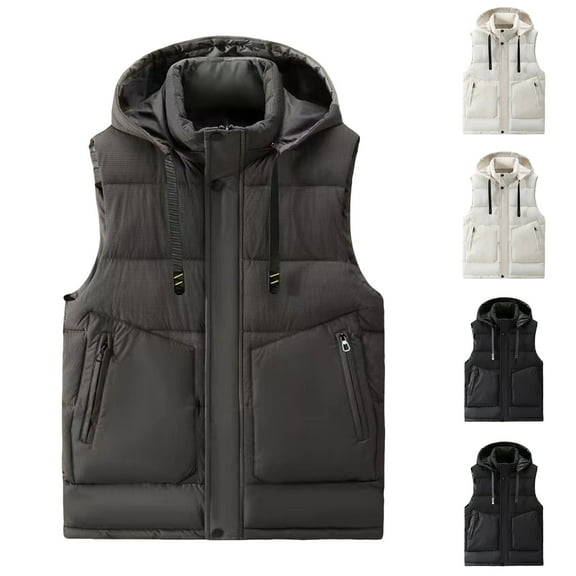 Hinvhai Men's Outdoor Winter Vest Outerwear Removable Hooded Padded Puffer Sleeveless Vest White XL(XL)