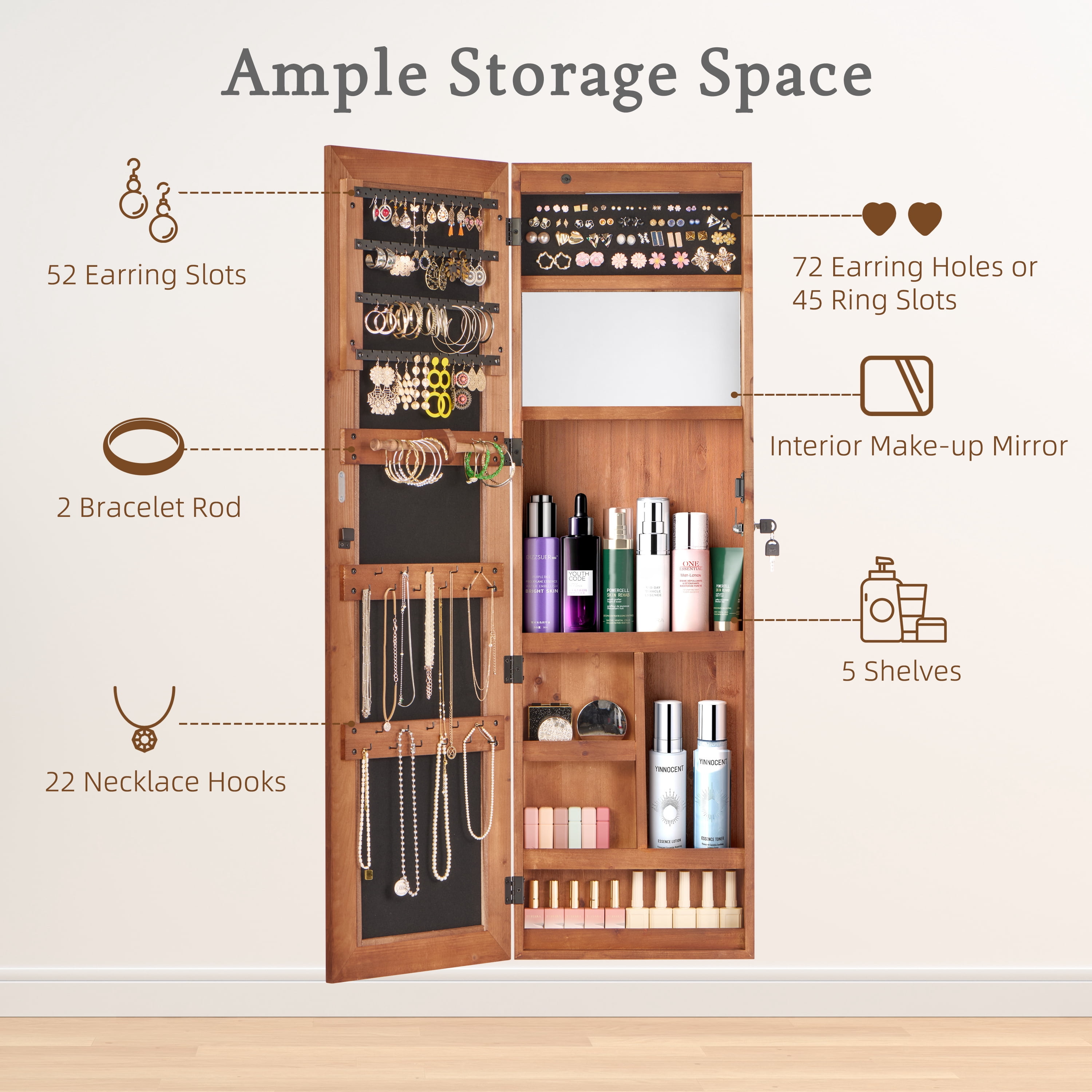 Mintazer Full-Length Mirror Jewelry Cabinet Armoire with LED Lighting & Storage, 2-in-1 Wall/Door Mount Lockable Jewelry Armoire Organizer, Brown