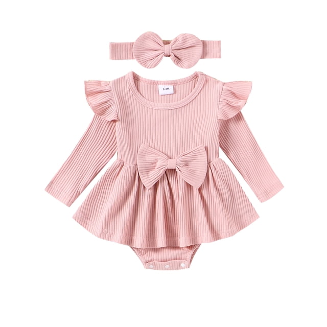 FOCUSNORM Tenue de Printemps pour Bébé Fille Nouveau-Né Robe à Manches Longues Col Rond avec Nœud et Bandeau Vêtements d'Automne pour Nourrisson
