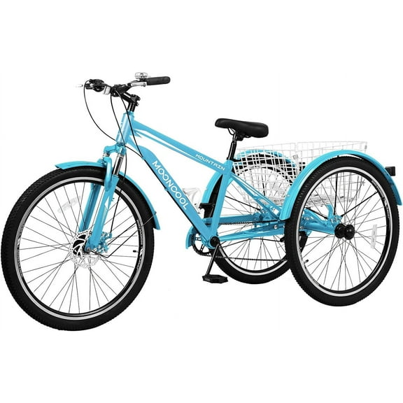 Lilypelle Adult Mountain Tricycle 26" Tire MTB Three Wheel Cruiser Trike Bike with Large Shopping Basket for Men Women，Willow Blue