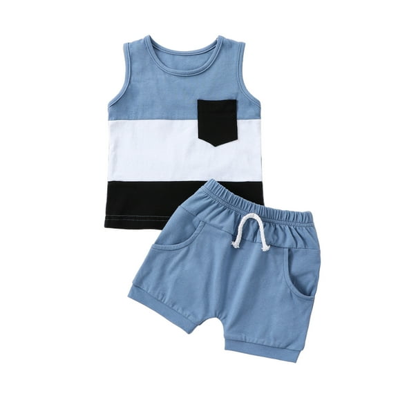 Musuos Toddler Boys Summer Outfit Sets 6 12 18 24 3T Sleeveless Contrast Color Tank Tops   Solid Color Drawstring Shorts