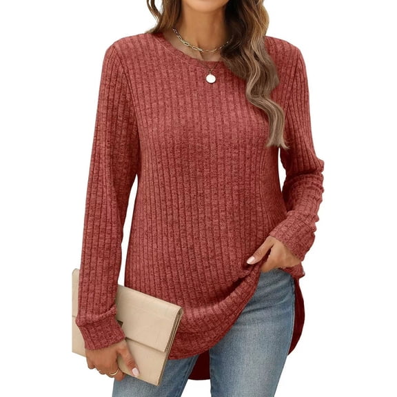 SHIBEVER Fall Tops for Women Long Sleeve Sweaters Crew Neck Side Spilt Shirts Winter Lightweight Sweaters for Women Sweatshirts Dressy Casual Pullover