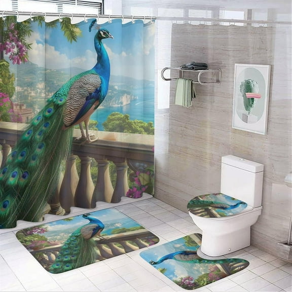 4Pcs Western Architecture Peacock Shower Curtain Set with Toilet Lid Cover Non-Slip Rugs for Bathroom, Beautiful Sky Plant Ocean Shower Curtain Bathroom Sets with Hooks, 72x72 Inch