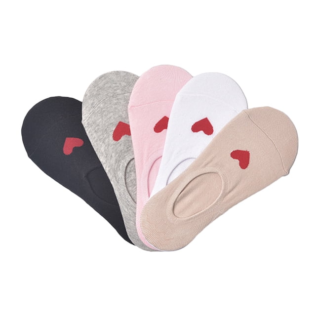 EeaseMX 5 pares de calcetines invisibles de silicona antideslizantes para mujer, de algodón, de boca baja, con diseño de corazón en colores caramelo.