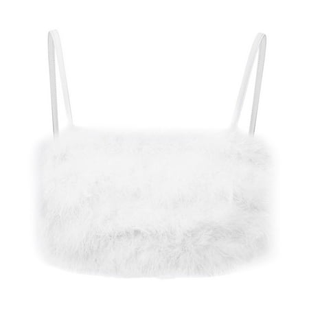 

Women Crop Bra Bralette Vest Fur Strap Fuzzy Tank Camisole Spaghetti Faux Clubwear Furry Cami Sleeveless Fluffy Womens