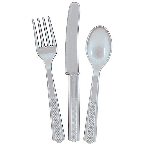 Assorted Plastic Silverware for 6, Silver, 18pc