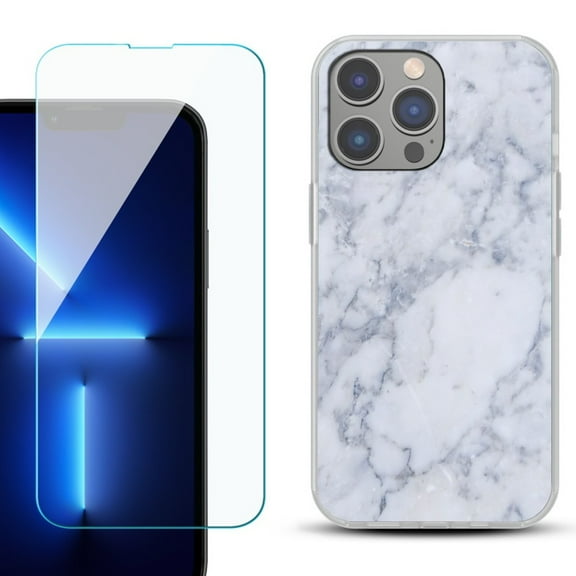 Slim-Fit Gel TPU Phone Case for iPhone 14 Pro Max, with Tempered Glass Screen Protector, by OneToughShield ® - Marble / Clouds