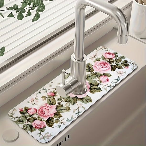 Estera de secado retro con patrón de rosa rosa for cocina | Alfombrilla for grifo creativa | Poliéster duradero | Decoración navideña | idea de regalo