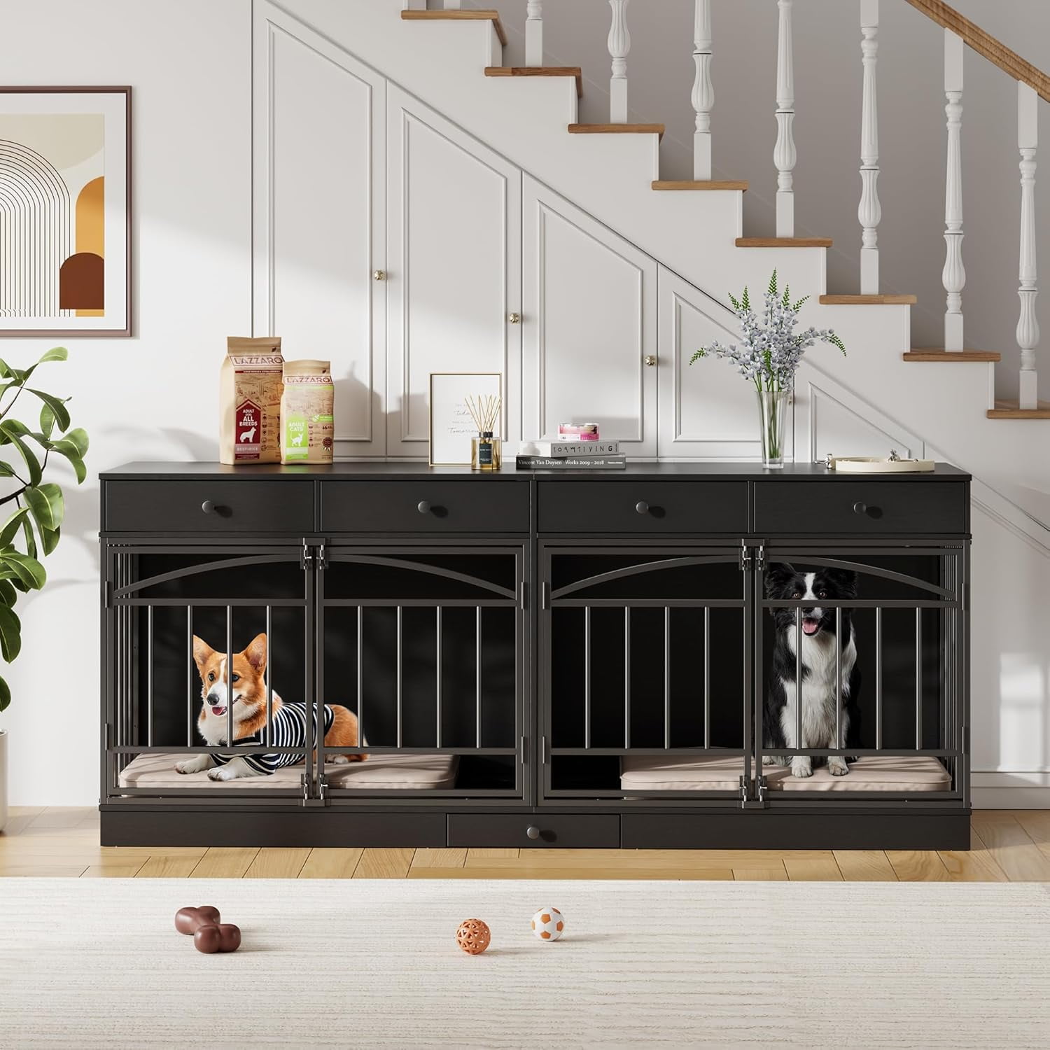 IdealHouse Double Dog Crate Furniture for 2 Dogs, Indoor Pet Kennel TV Stand with 4 Storage Drawers & Feeding Bowls, for Small/Medium Dogs, Black