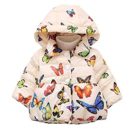 

QWERTYU Toddler Baby Child Children Kids Girls Button Up Long Sleeve Coat Thicken Hooded Fall Winter Jackets Butterfly Print Fleece Outerwear 1Y-7Y