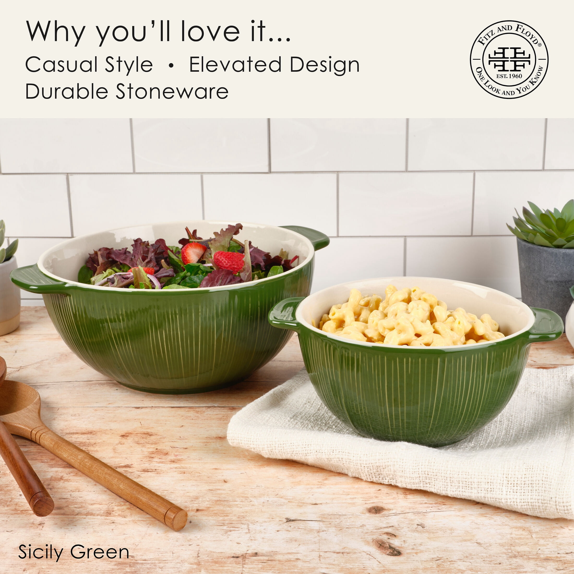 Fitz and Floyd Sicily Green Serving Bowls (Set of 2)