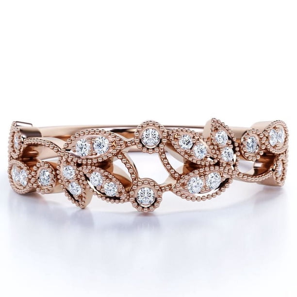 JeenMata Alianza de Boda con Diamantes de 0,30 Uds, Estilo Vintage, Milgrain, Anillo Apilable, Oro Rosa de 10 K