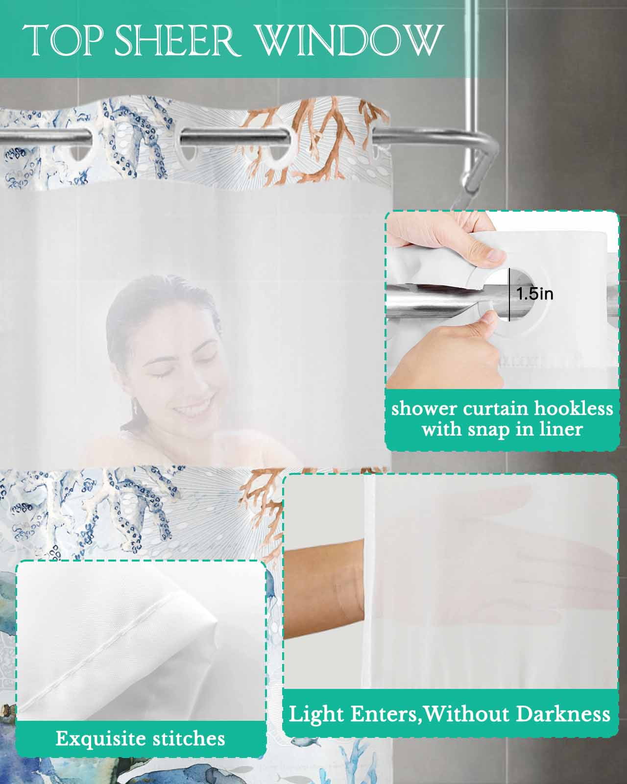 No Hook Shower Curtain with Snap in Liner, Summer Blue Ocean Crab Starfish Coral Jellyfish Watercolor Shower Curtains for Bathroom, Washable Shower Curtain Liner Set with Mesh Top Window, 48"x72"