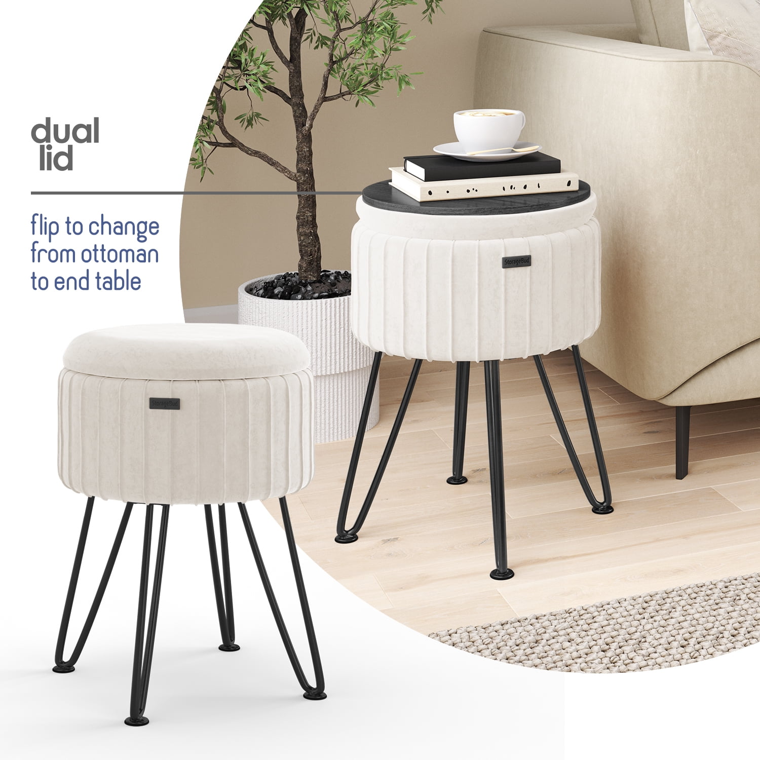 LammaLoe Small Round Ottoman with Storage, Pleated Velvet Ottoman Foot Stool with Lid, Upholstered Vanity Stool for Living Room & Bedroom, Cream