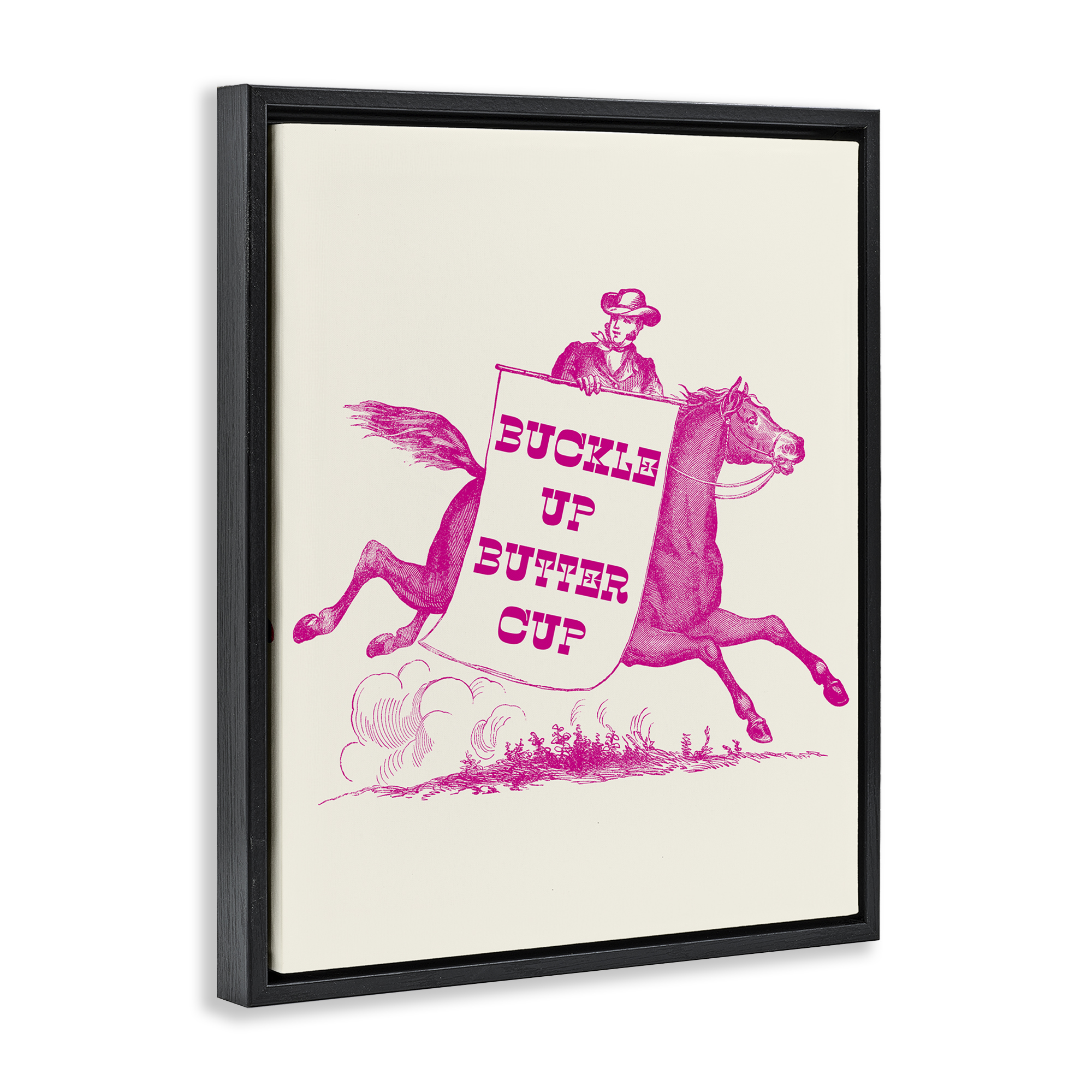 Stupell Industries Buckle Up Buttercup Cowboy Animals Painting Black Floater Framed Canvas Art Print Wall Art, 17 x 21
