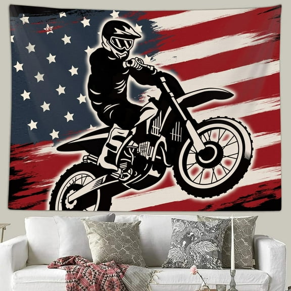 Motocross American Flag Tapestry, Cool Dirt Bike Tapestries Wall Hanging for Men Boys Guys Bedroom College Dorm Living Room Office Decor Dirtbike Poster