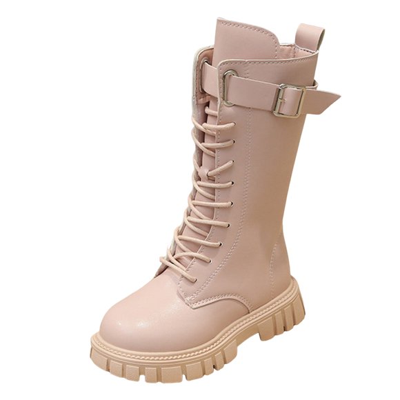 Yammkia Tall White Boots for Girls Girls Lace Up Boots Mid Calf Combat Boots Leather Side Zipper Boot Kids Cute Riding Boot Size 13 (Pink,Little Kids 13)