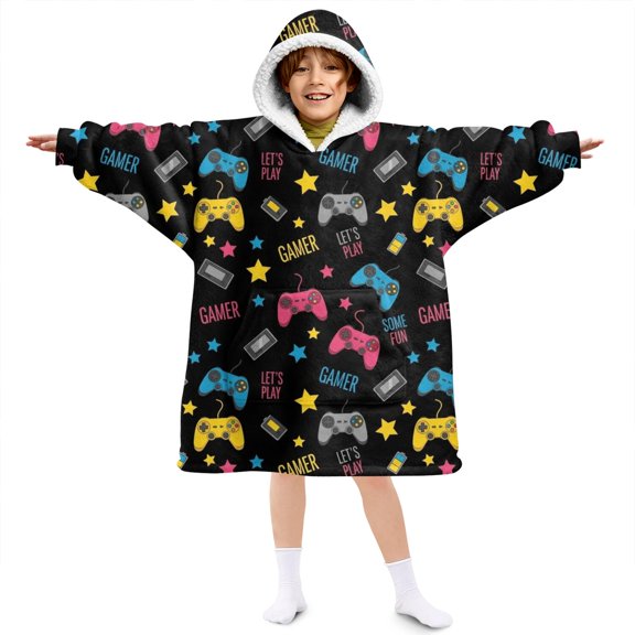 Game Controller Black Pattern Lamb Fleece Blanket Hoodies for Teens ,Teens Oversize Sherpa Wearable Hooded Blanket Sweatshirt with Super Pockets