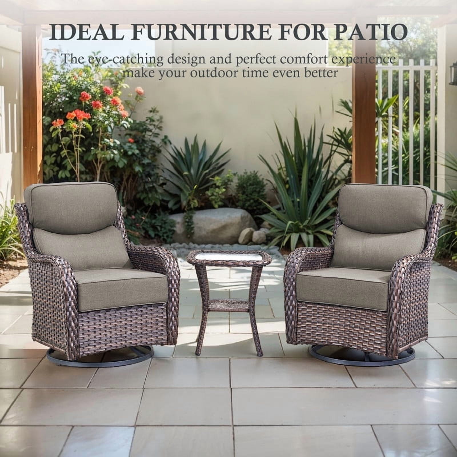 Outdoor Conversation Sets 5-Piece Patio Wicker Rattan Furniture Set with Swivel Rocking Chairs, Ottomans, Side Table and Upgrade 6" Cushions for Balcony Deck Backyard, Gray