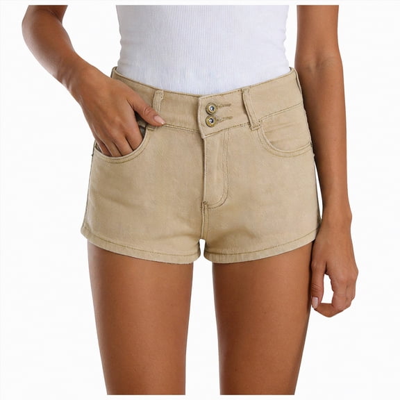 Yindaity Womens Jean Shorts Jean Shorts for Women High Waisted Pull On Drawstring Elastic Waist Trendy Stretchy Denim Jorts Summer Shorts(Khaki,M)