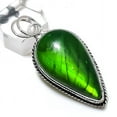 thumbnail image 2 of Natural Green Labradorite Gemstone 925 Sterling Silver Jewelry Pendant 2.17", 2 of 2