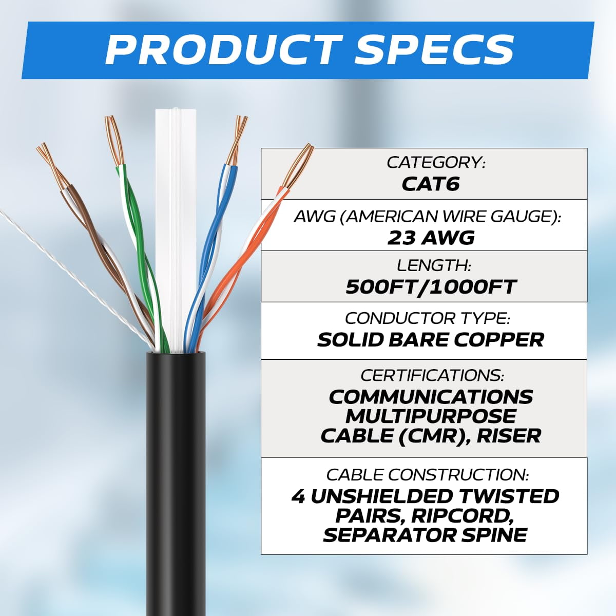 Cables Direct Online 1000FT Cat6 Solid Bare Copper 23AWG Bulk Ethernet Cable, CMR ETL Riser, 550MHz POE (Power Over Ethernet) Wire – Black