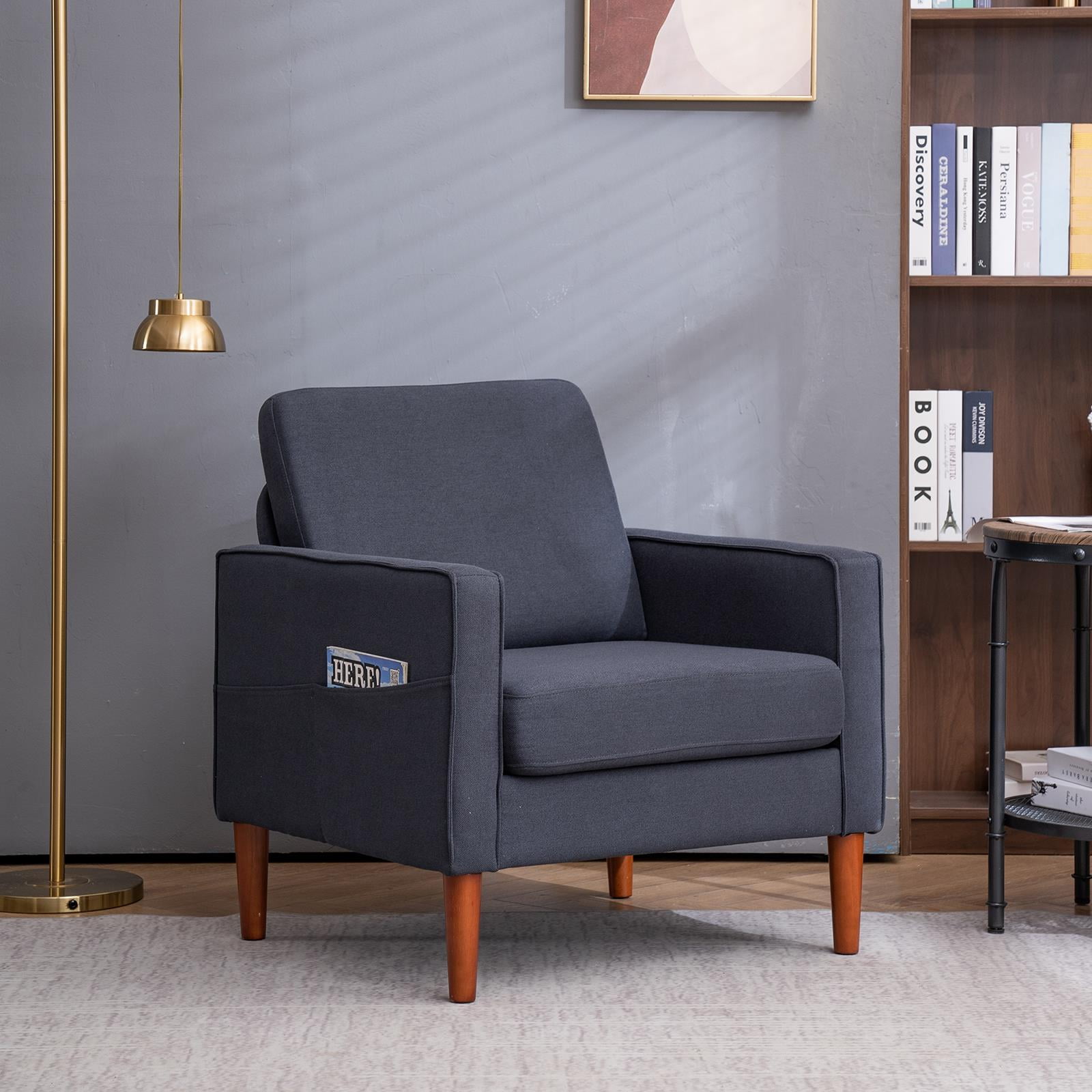 Ktaxon Modern Single Sofa Chair, Club Chairs with Side Bags, Fabric Arm Chair with Wood Legs for Living Room Bed Room Dark Grey