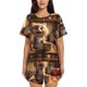 thumbnail image 1 of Balery Cartoon Cooking Cat Conjunto de Pijama para Mujer con Estampado, Dos Piezas de Manga Corta y Shorts, Ropa de Dormir Suave con Cuello Redondo y Bolsillos-Large, 1 of 6