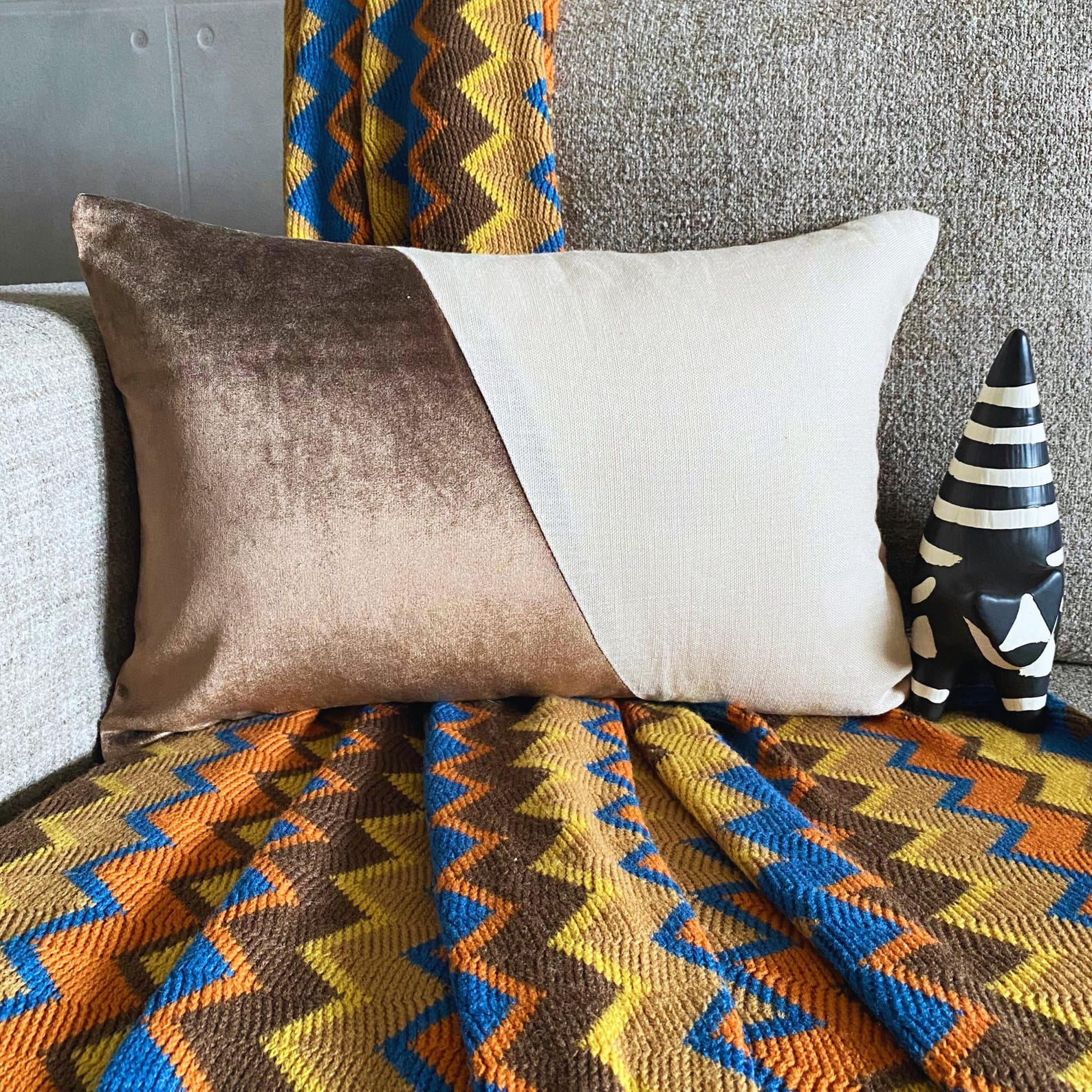 Decorative Brown 12"x26" (30x65 cm) Lumbar Pillow Cover, Velvet Patchwork & Color Blocking Oblong Pillow, Patchwork Pattern Modern Style - Velutinous Brown